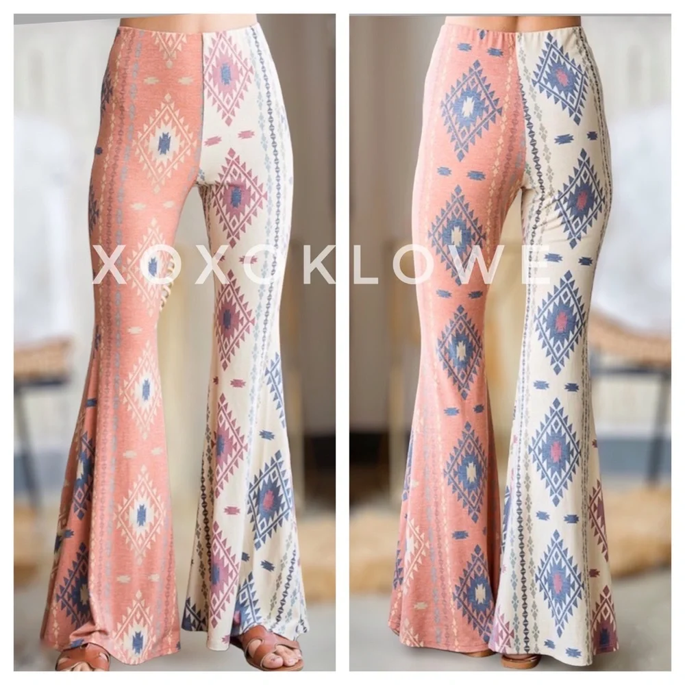 Aztec Print Half & Half Bell Bottom Flares High Waist Slim Fit - Picture 3 of 15